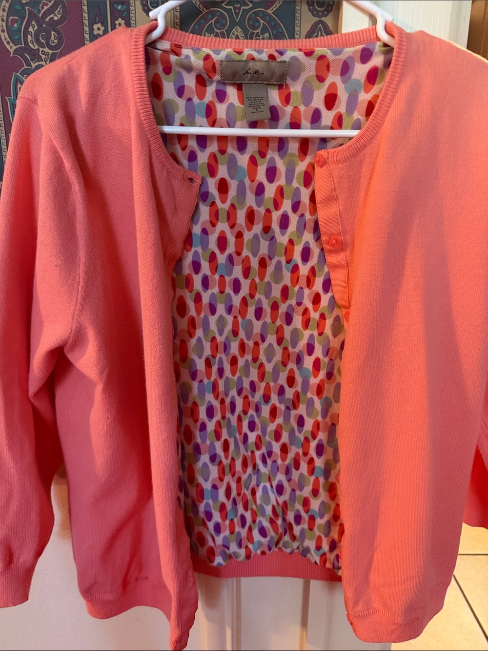 Soft Coral Pink L Cardigan with Fun Polka Dot Lining - i.e.